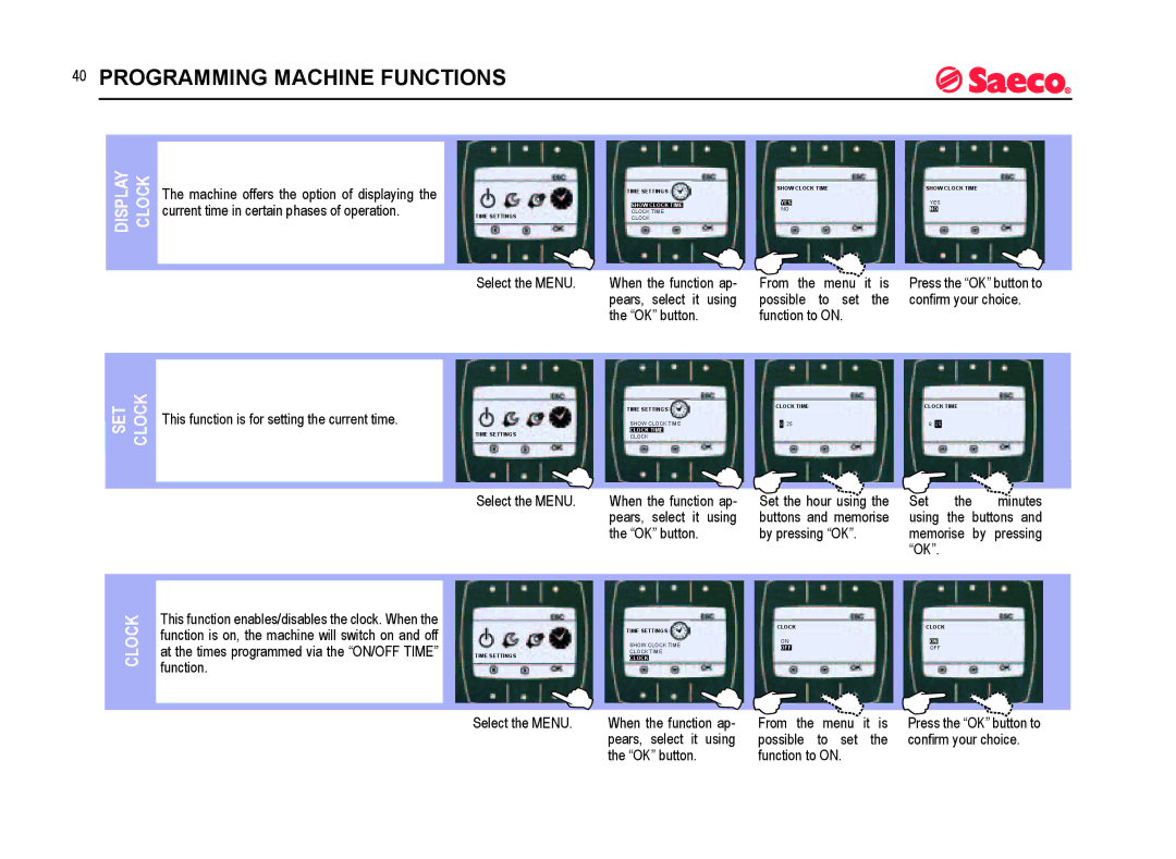 Saeco Coffee Makers SUP021YADR manual Display Clock, SET Clock 