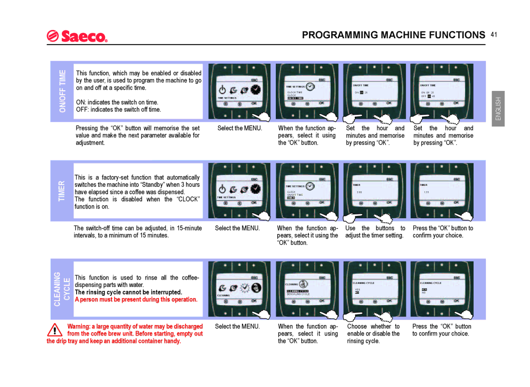 Saeco Coffee Makers SUP021YADR manual ON/OFF Time, Timer 