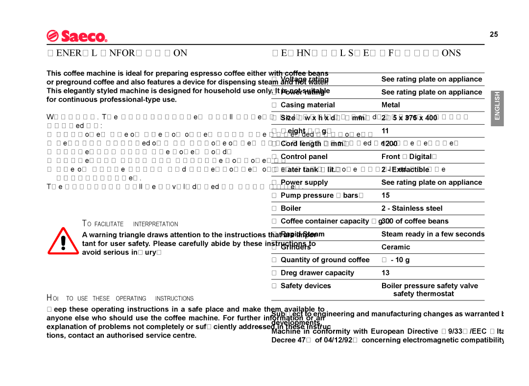 Saeco Coffee Makers SUP021YADR manual General Information, Technical Specifications 