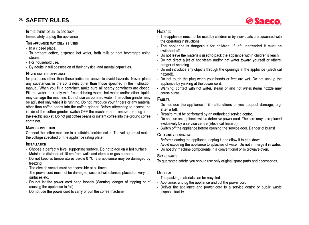 Saeco Coffee Makers SUP021YADR manual Safety Rules 