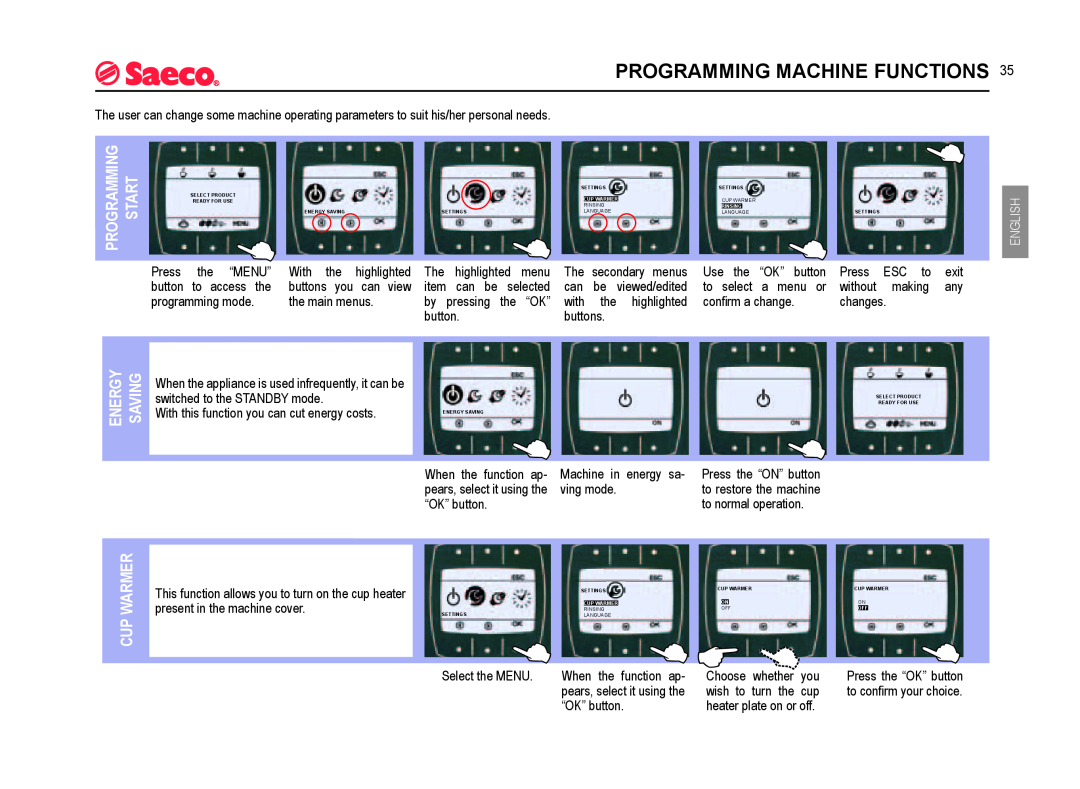 Saeco Coffee Makers SUP021YADR manual Programming Machine Functions, Cup Warmer, Energy Saving, English 