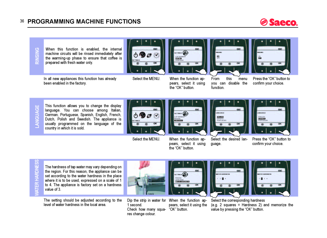 Saeco Coffee Makers SUP021YADR manual Programming Machine Functions, Rinsing, Language, Water Hardness 