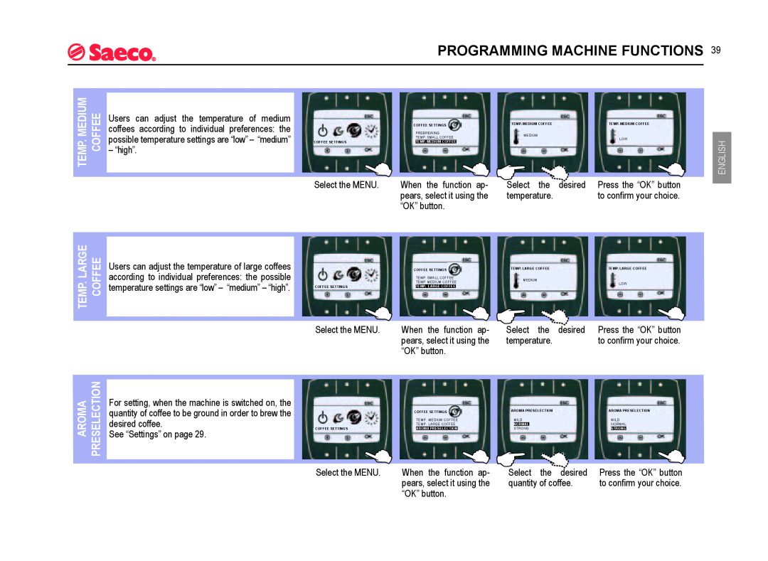 Saeco Coffee Makers SUP021YADR manual Programming Machine Functions, Aroma Preselection, Temp. Medium Coffee, English 