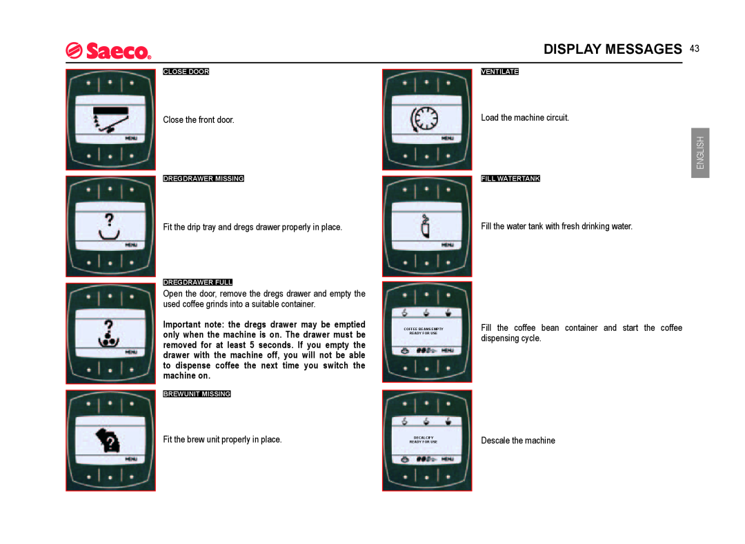 Saeco Coffee Makers SUP021YADR manual Display Messages, English 