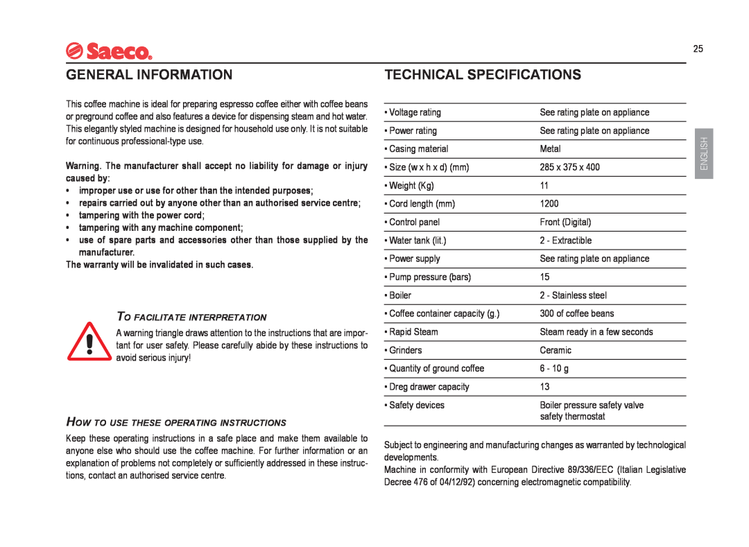 Saeco Coffee Makers SUP021YADR manual General Information, Technical Specifications 