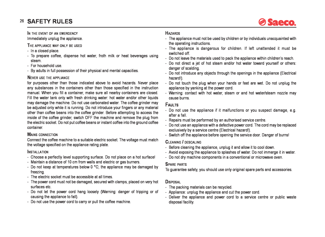 Saeco Coffee Makers SUP021YADR manual Safety Rules 