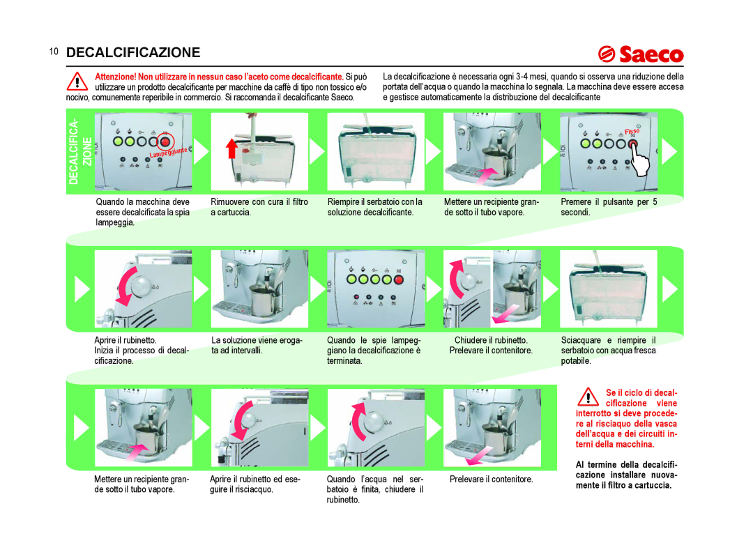 Saeco Coffee Makers SUP021YNR manual Decalcificazione, DECALCIFICA- Zione 