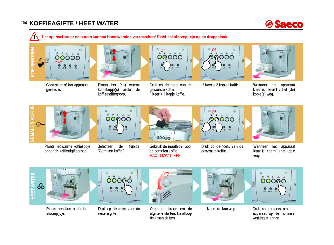 Saeco Coffee Makers SUP021YNR manual Koffieagifte / Heet Water, Koffiebonen, Gemalenkoffie 