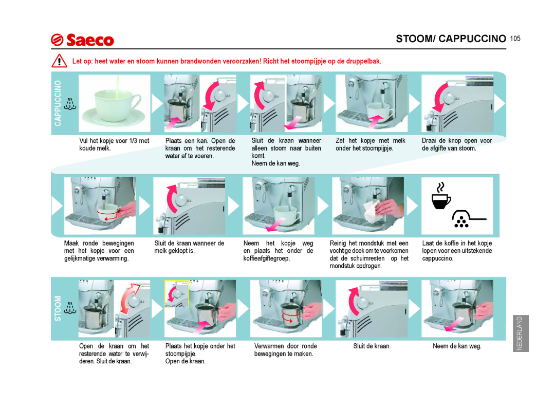 Saeco Coffee Makers SUP021YNR manual STOOM/ Cappuccino, Stoom 