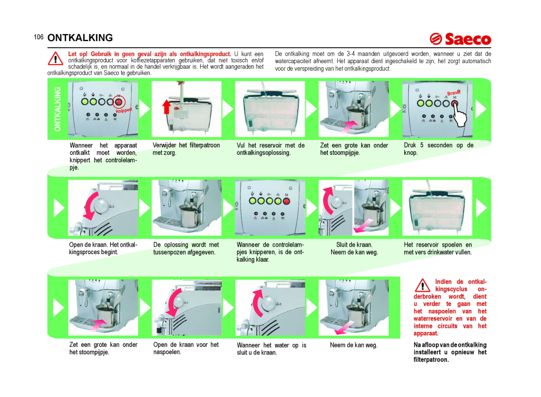 Saeco Coffee Makers SUP021YNR manual Ontkalking, Kalking klaar Indien Ontkal Kingscyclus Derbroken, Verder Gaan Met Het 