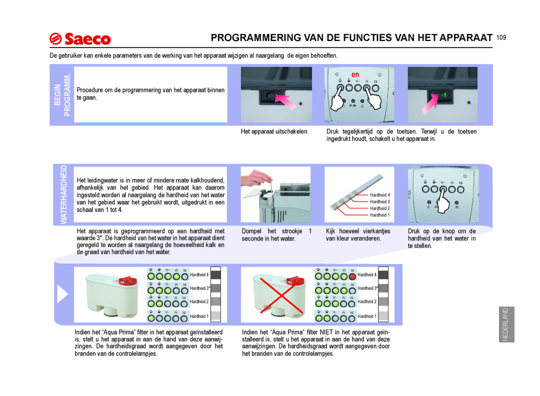 Saeco Coffee Makers SUP021YNR manual Programmering VAN DE Functies VAN HET Apparaat, Begin Programm, Waterhardheid 