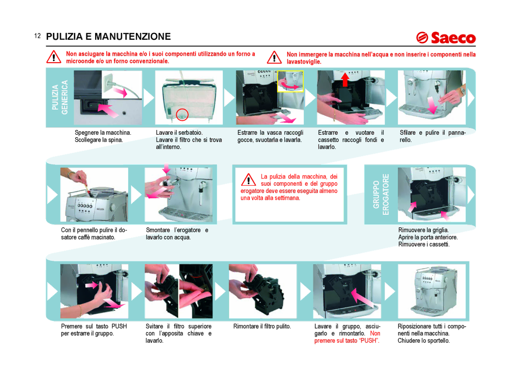 Saeco Coffee Makers SUP021YNR manual Pulizia E Manutenzione, Pulizia Generica, Gruppo, Erogatore 