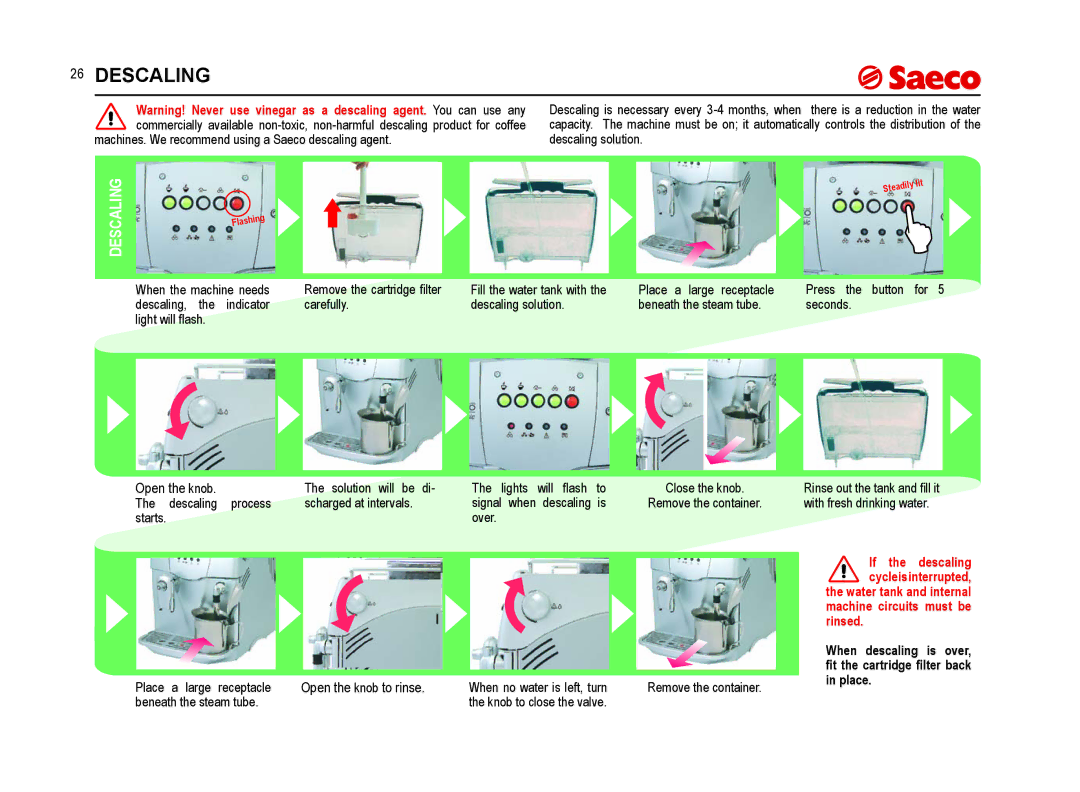 Saeco Coffee Makers SUP021YNR manual Descaling 