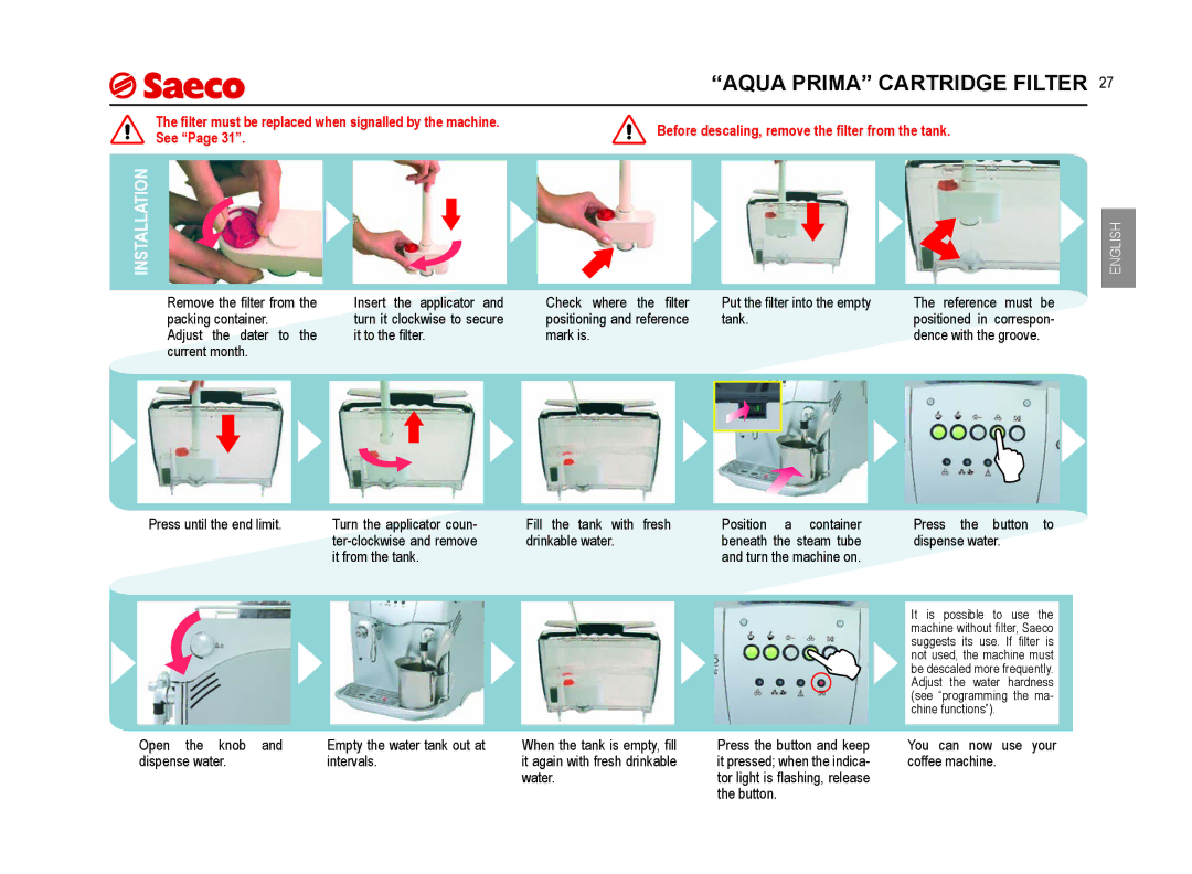 Saeco Coffee Makers SUP021YNR manual Aqua Prima Cartridge Filter, Installation, See 