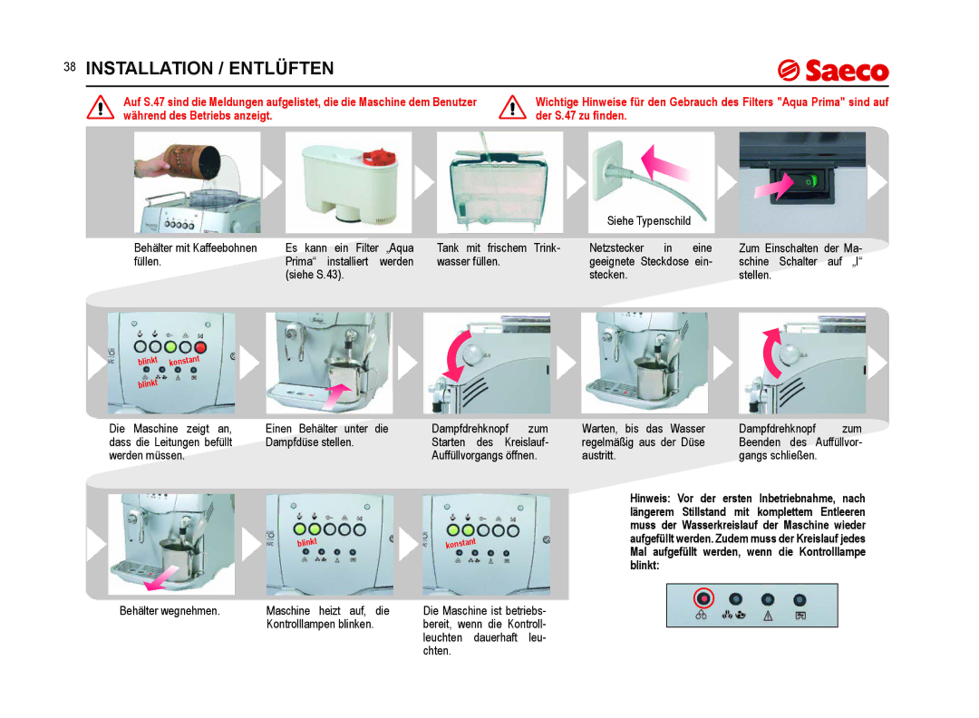 Saeco Coffee Makers SUP021YNR manual Installation / Entlüften 