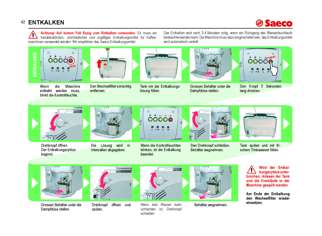 Saeco Coffee Makers SUP021YNR manual Entkalken 