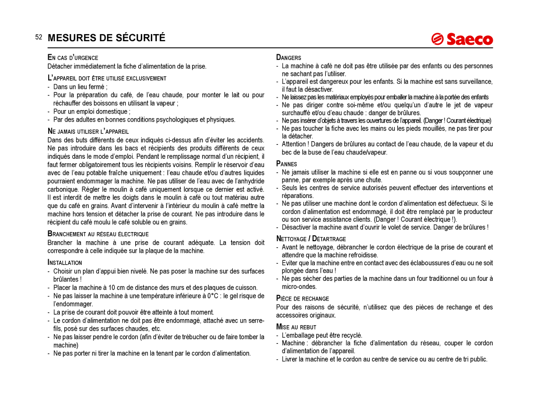 Saeco Coffee Makers SUP021YNR manual Mesures DE Sécurité 