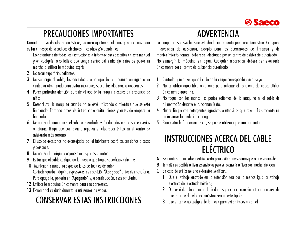 Saeco Coffee Makers SUP021YNR manual Advertencia 