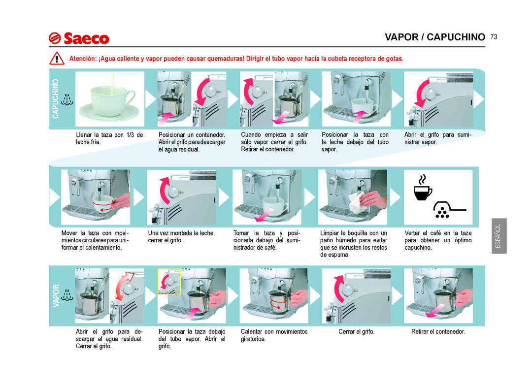 Saeco Coffee Makers SUP021YNR manual Vapor / Capuchino 