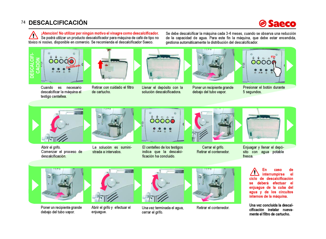 Saeco Coffee Makers SUP021YNR manual Descalcificación, DESCALCIFI- Cación 