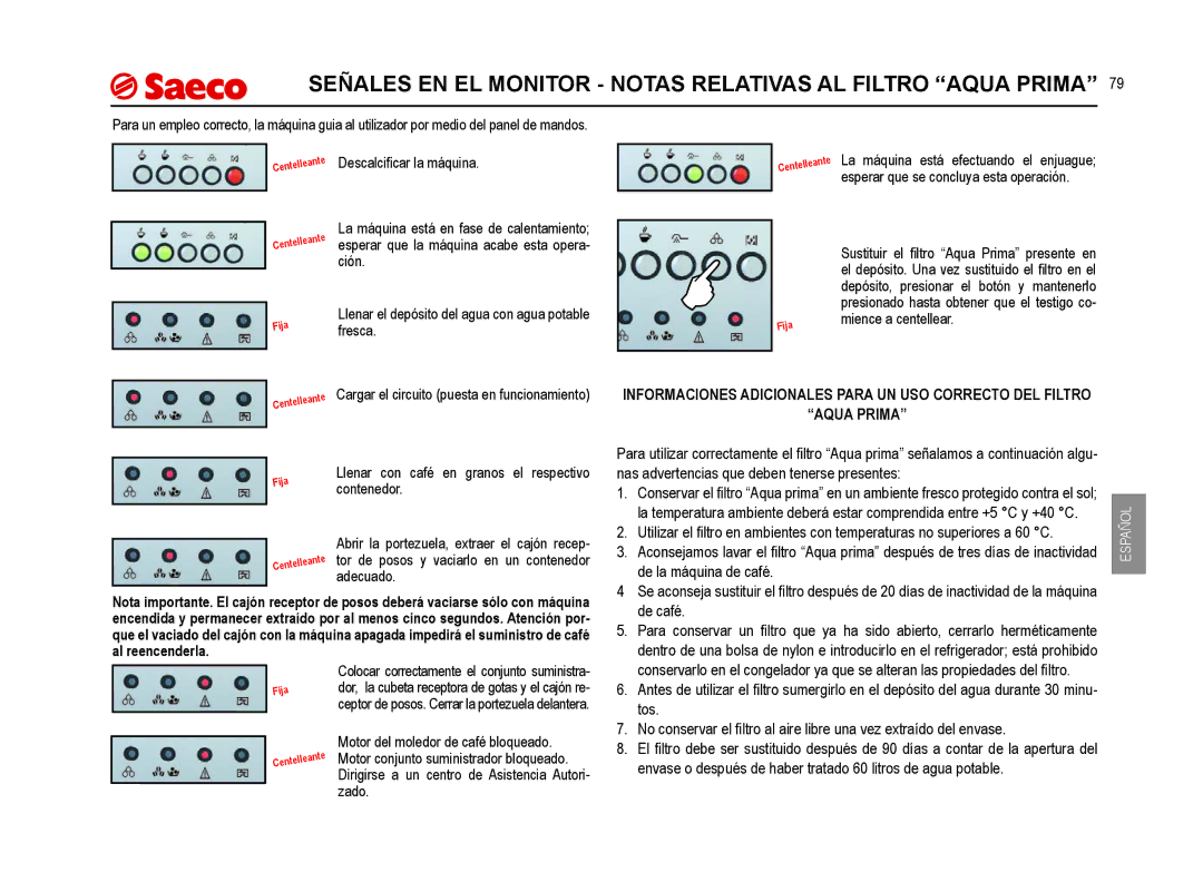 Saeco Coffee Makers SUP021YNR manual Señales EN EL Monitor Notas Relativas AL Filtro Aqua Prima 