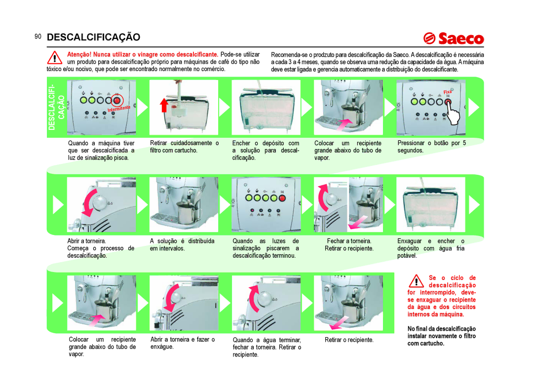 Saeco Coffee Makers SUP021YNR manual Descalcificação, DESCLALCIFI- Cação 