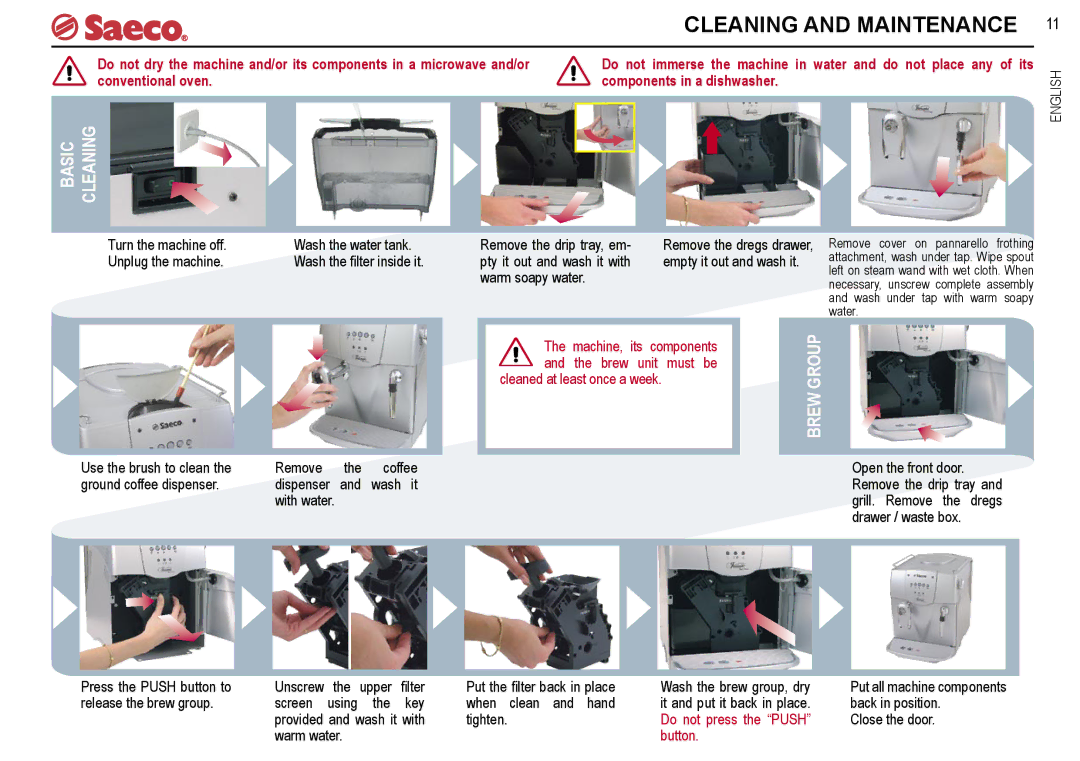 Saeco Coffee Makers SUP021R, SUP021YR manual Cleaning and Maintenance, Basic, Brew Group 