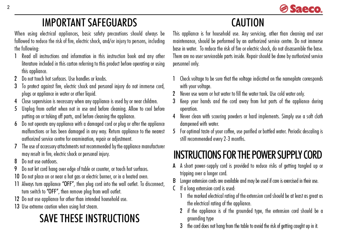 Saeco Coffee Makers SUP021YR, SUP021R manual Important Safeguards 