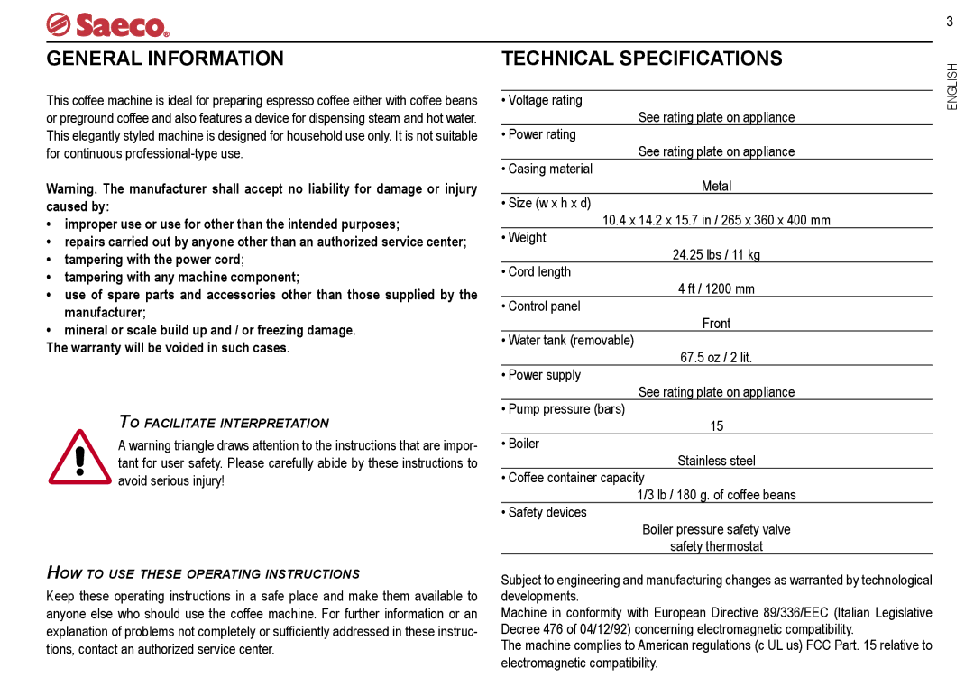 Saeco Coffee Makers SUP021R, SUP021YR manual General Information, Technical Specifications 