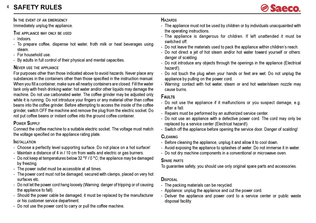 Saeco Coffee Makers SUP021YR, SUP021R manual Safety Rules 