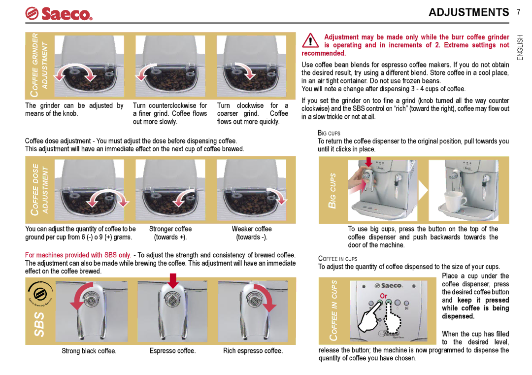 Saeco Coffee Makers SUP021R, SUP021YR manual Adjustments, For machines provided with SBS only 