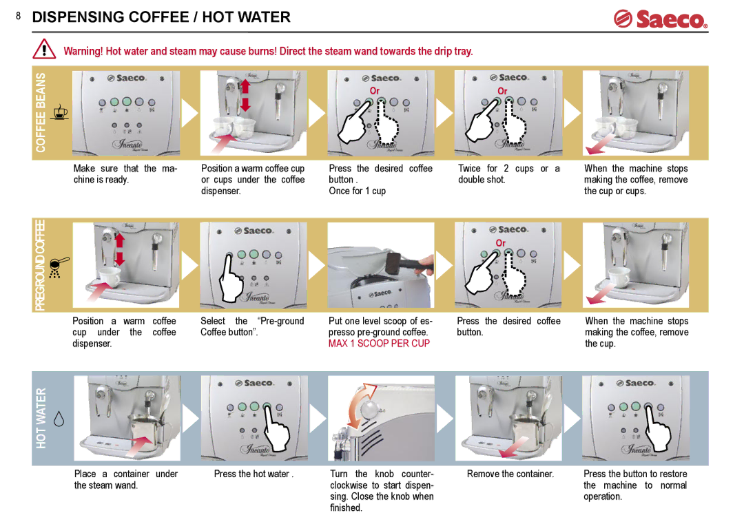 Saeco Coffee Makers SUP021YR, SUP021R manual Dispensing Coffee / HOT Water, Coffee Beans, Pregroundcoffee 