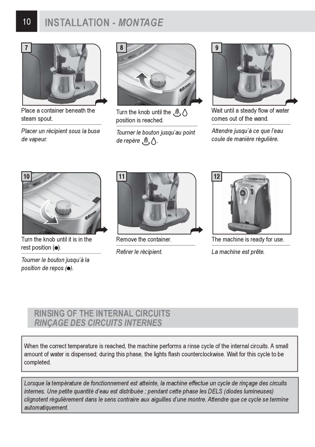 Saeco Coffee Makers SUP0310 manual Rinsing of the Internal Circuits, Rinçage DES Circuits Internes 