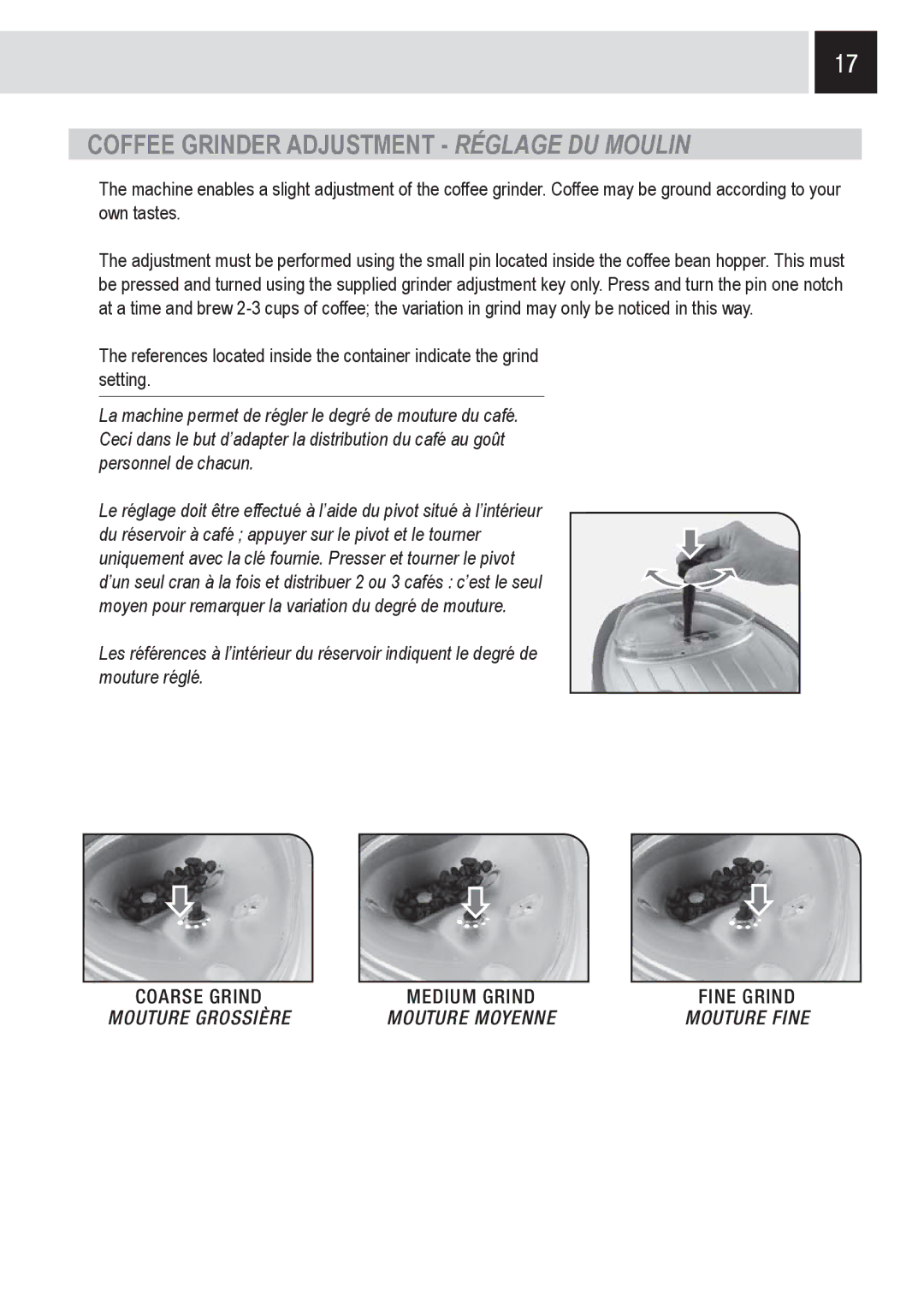Saeco Coffee Makers SUP0310 manual Coffee Grinder Adjustment Réglage DU Moulin 