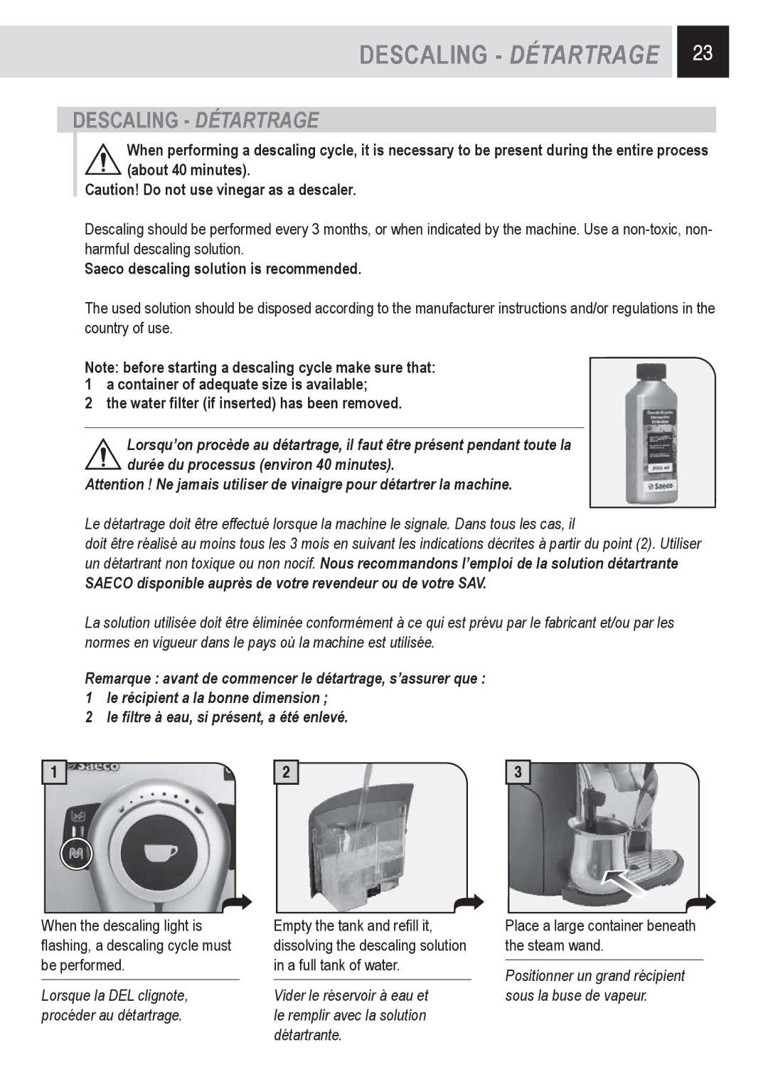 Saeco Coffee Makers SUP0310 manual Descaling Détartrage 