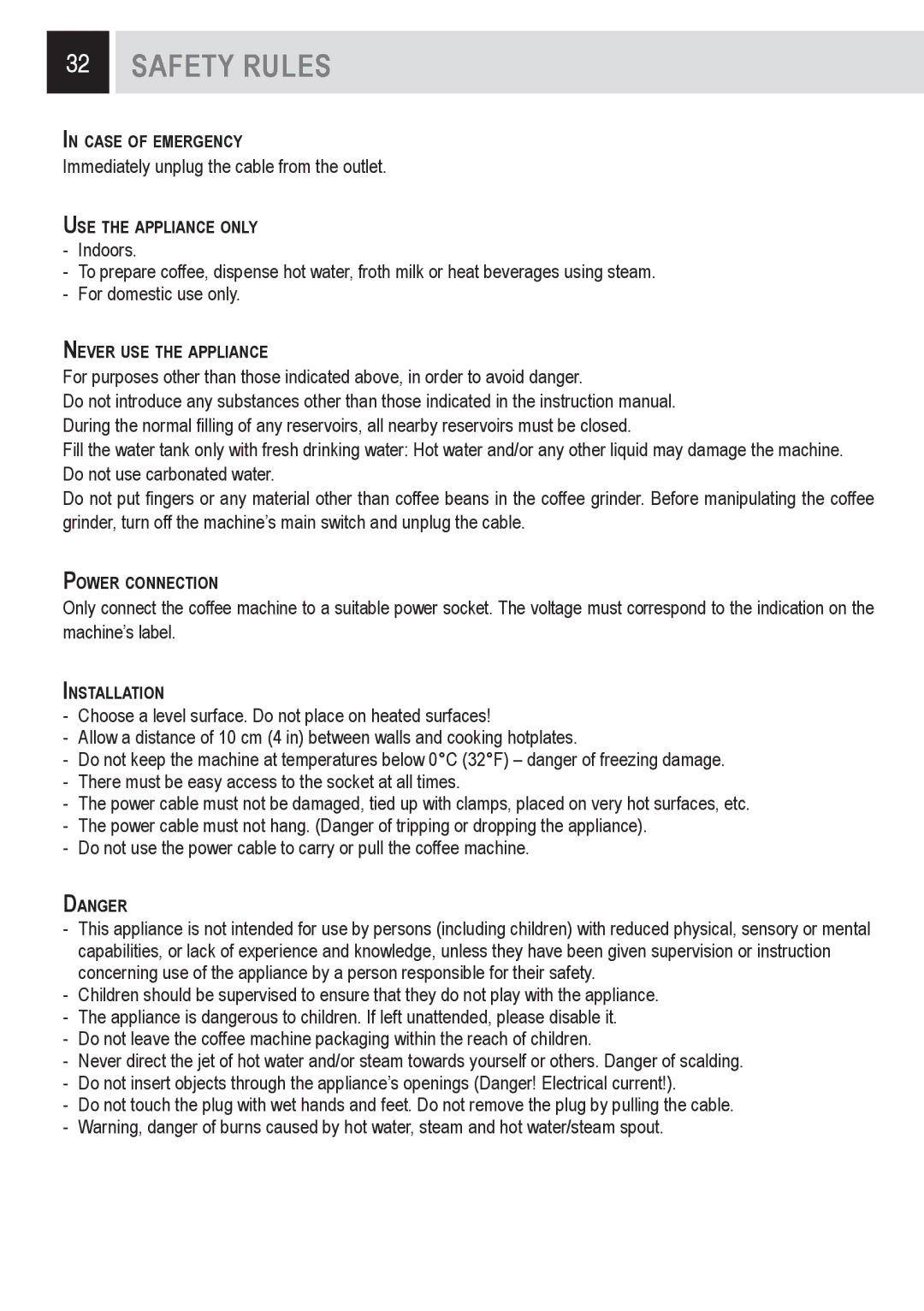 Saeco Coffee Makers SUP0310 manual Safety Rules 