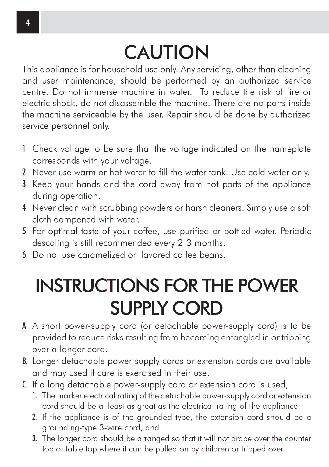 Saeco Coffee Makers SUP0310 manual Supply Cord 