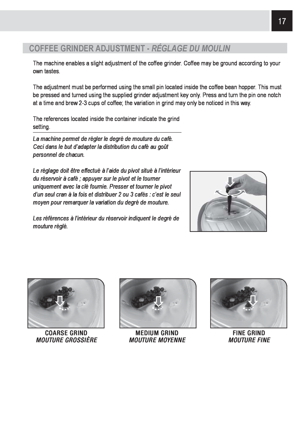 Saeco Coffee Makers SUP0310 manual Coffee Grinder Adjustment - Réglage Du Moulin, Coarse Grind, Medium Grind, Fine Grind 