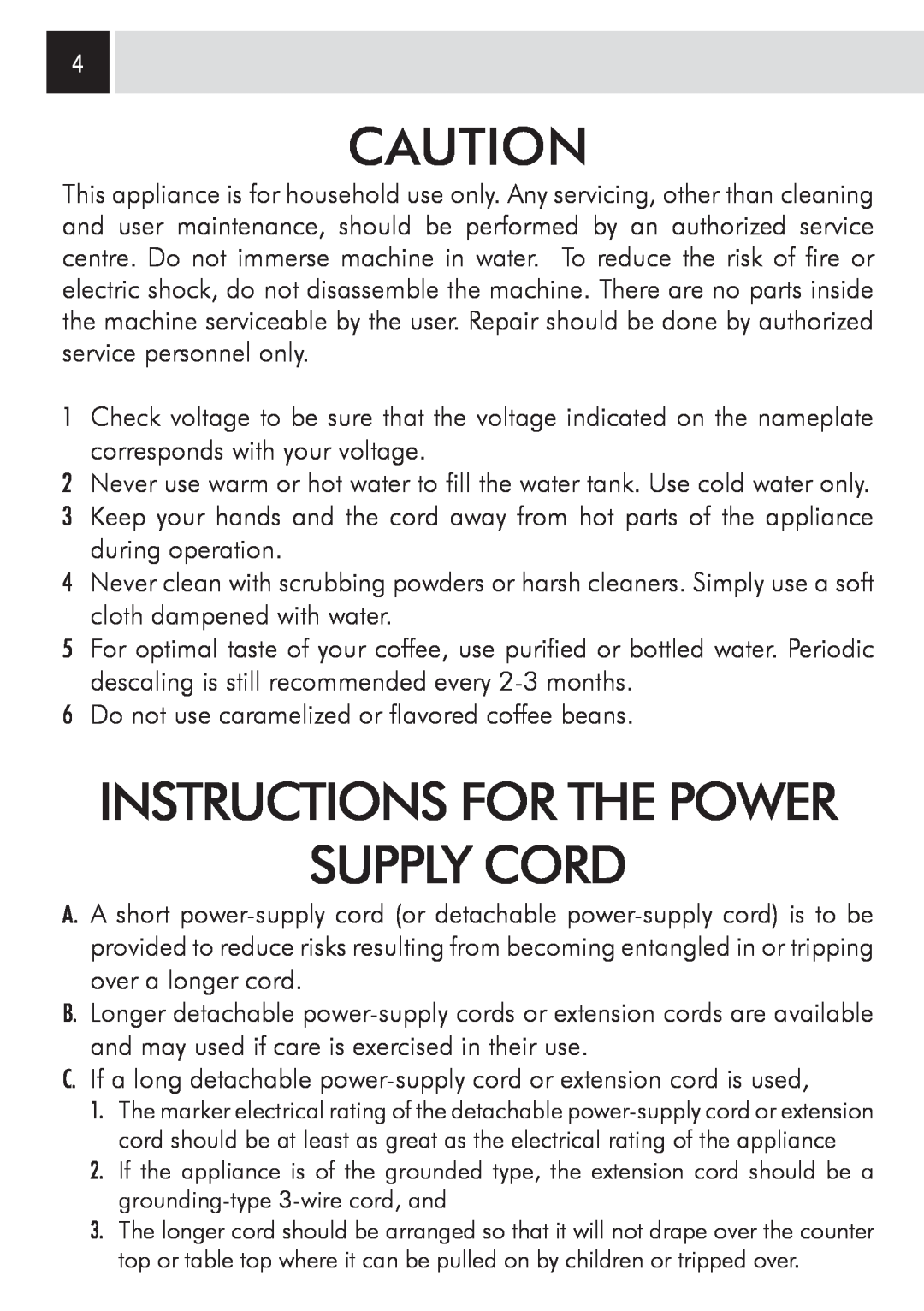 Saeco Coffee Makers SUP0310 manual Supply Cord, Instructions For The Power 