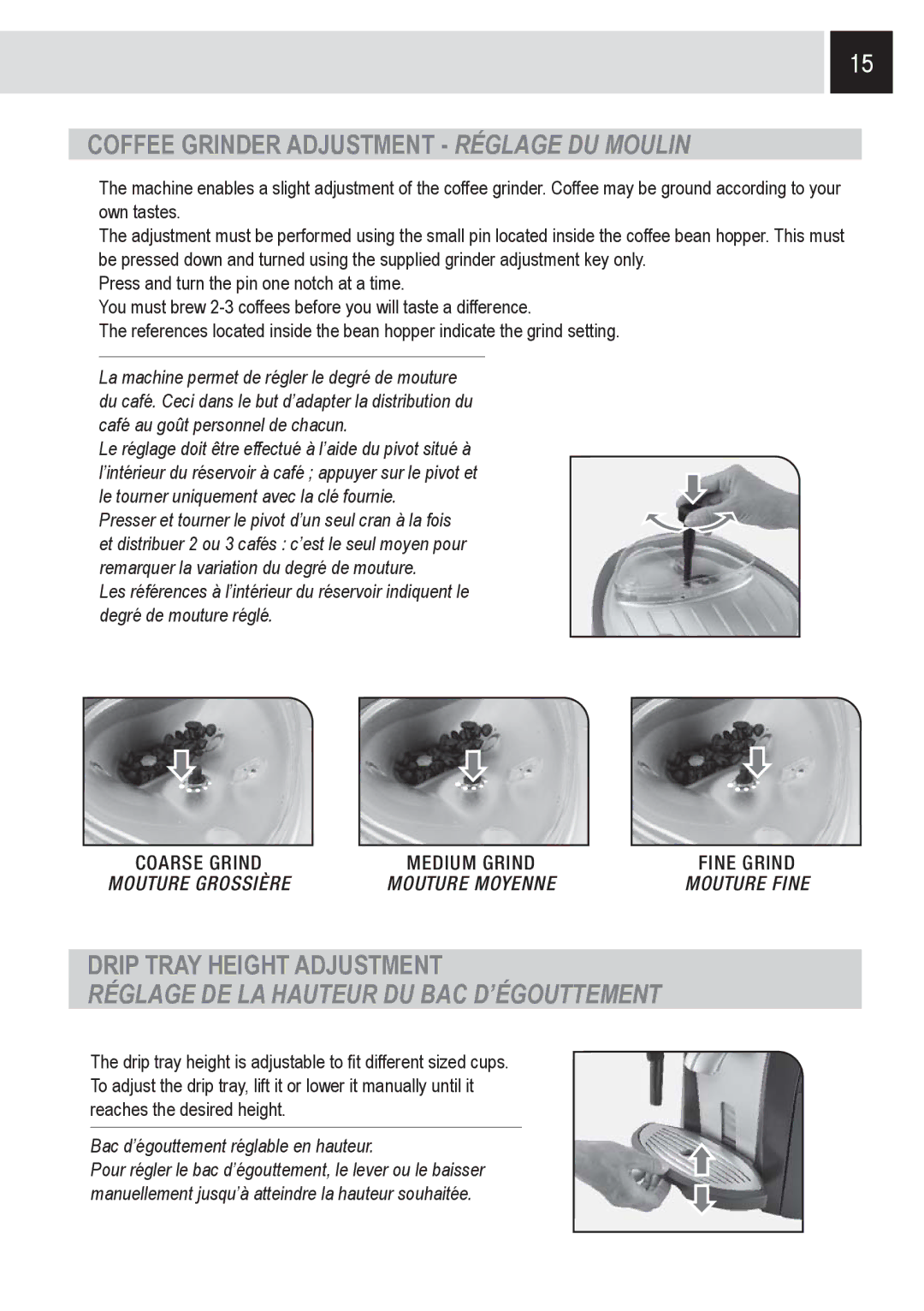Saeco Coffee Makers Odea Giro Plus, SUP031OR manual Coffee Grinder Adjustment Réglage DU Moulin, Drip Tray Height Adjustment 