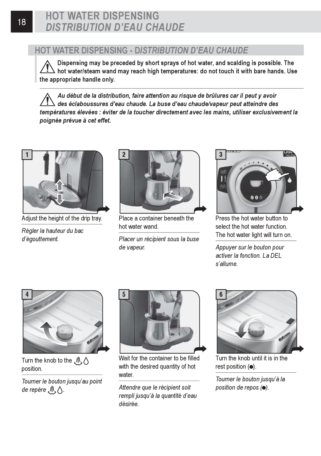 Saeco Coffee Makers SUP031OR manual HOT Water Dispensing Distribution D’EAU Chaude, Régler la hauteur du bac d’égouttement 