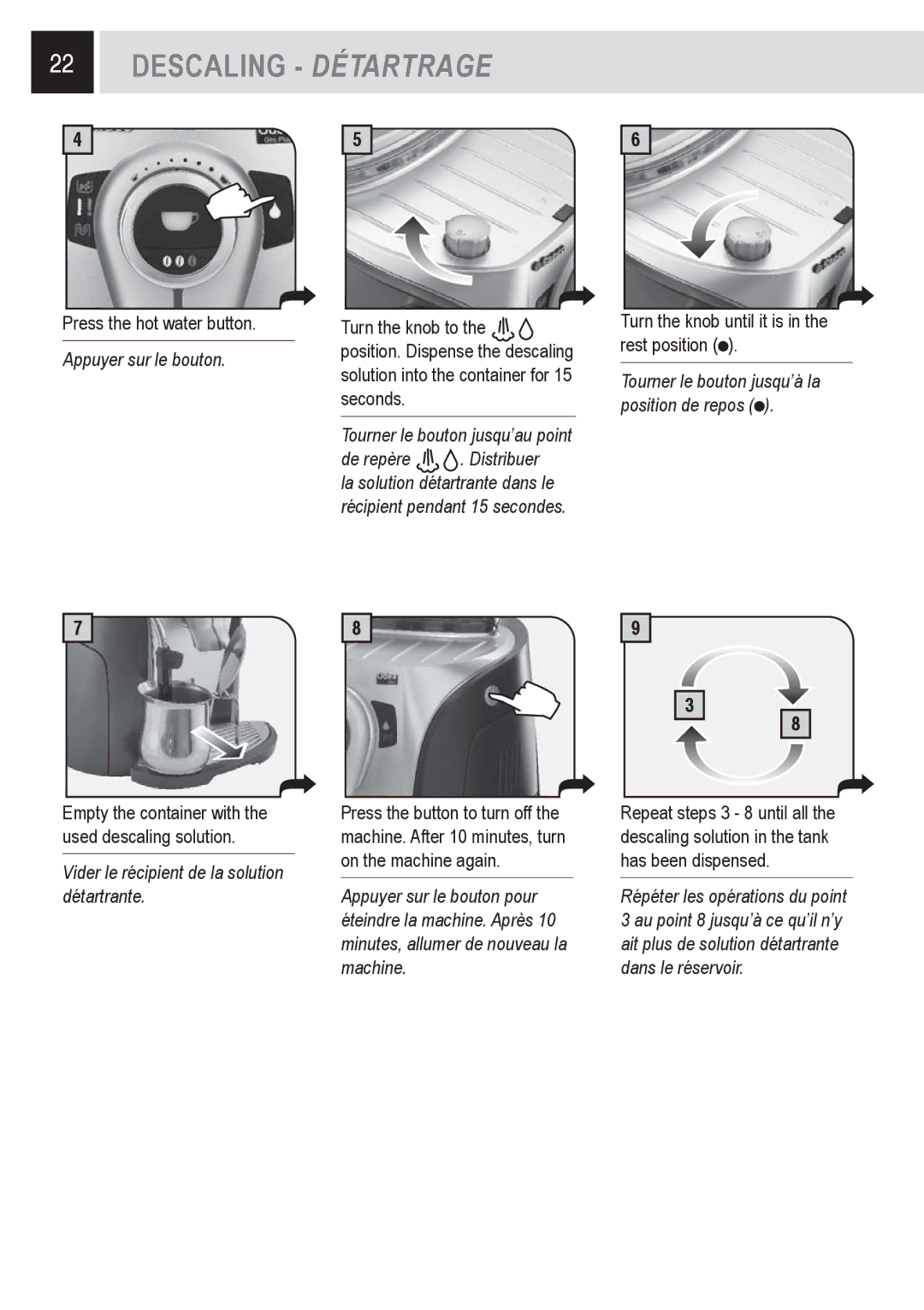 Saeco Coffee Makers SUP031OR, Odea Giro Plus manual Appuyer sur le bouton, Vider le récipient de la solution détartrante 