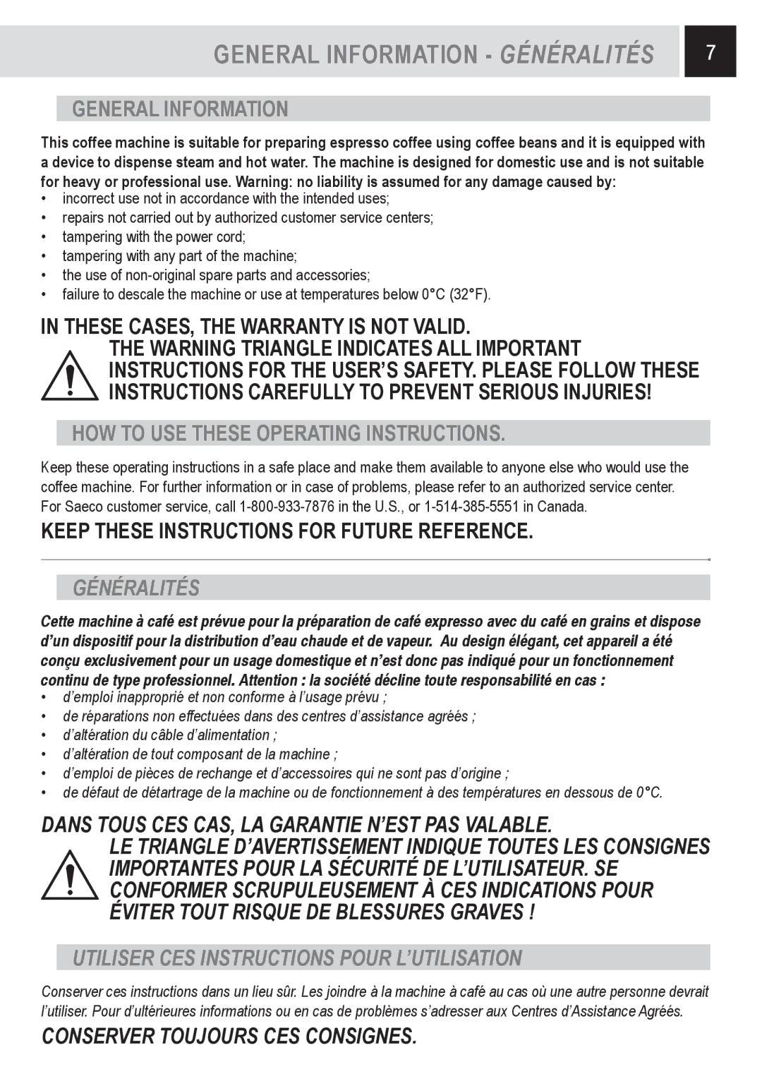 Saeco Coffee Makers Odea Giro Plus, SUP031OR manual General Information Généralités, HOW to USE These Operating Instructions 