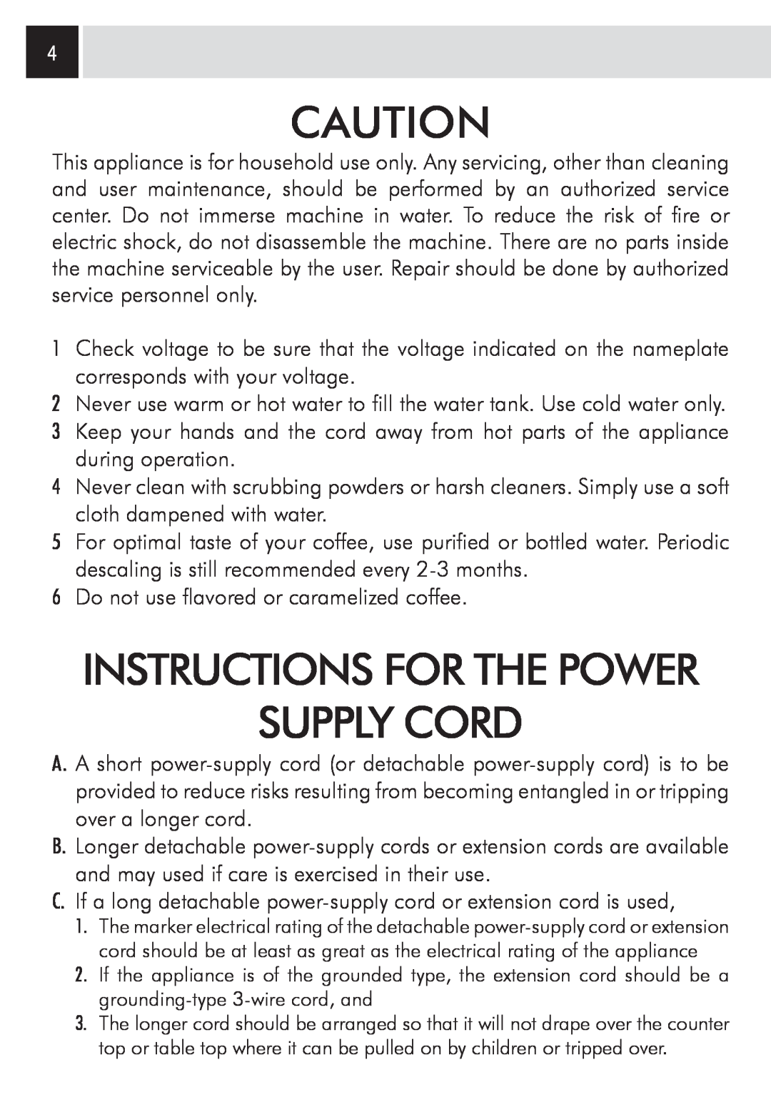 Saeco Coffee Makers SUP031OR, Odea Giro Plus manual Supply Cord, Instructions For The Power 