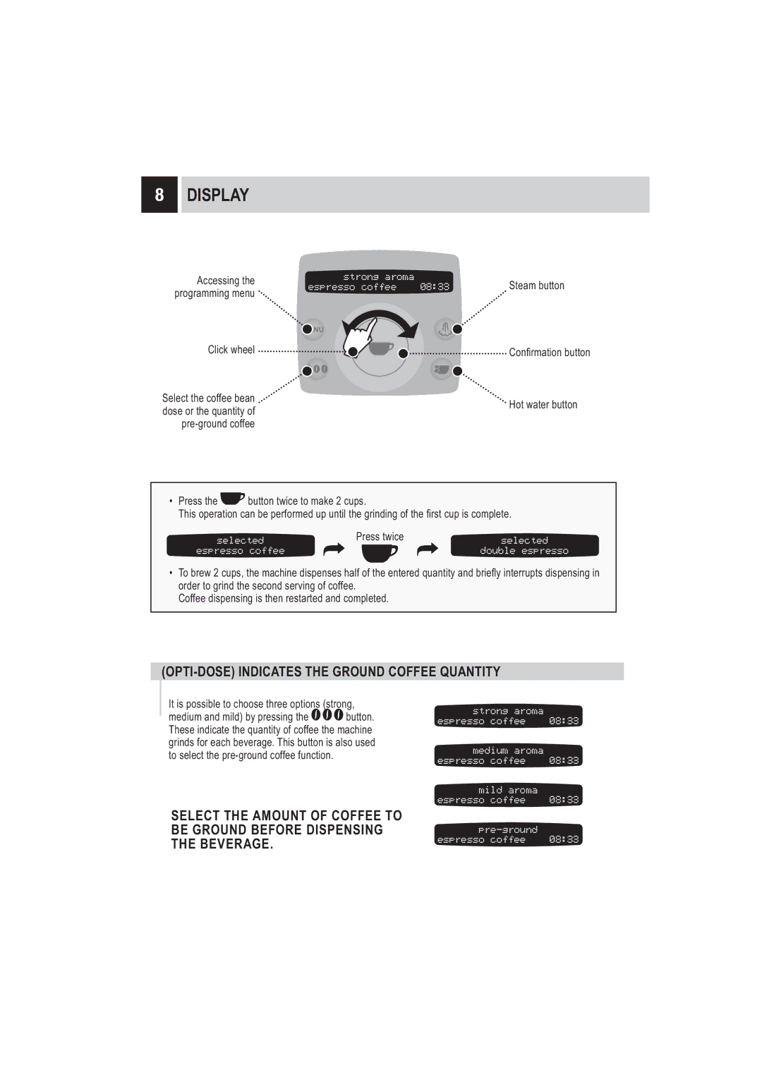 Saeco Coffee Makers SUP032BR manual Display, OPTI-DOSE Indicates the Ground Coffee Quantity 