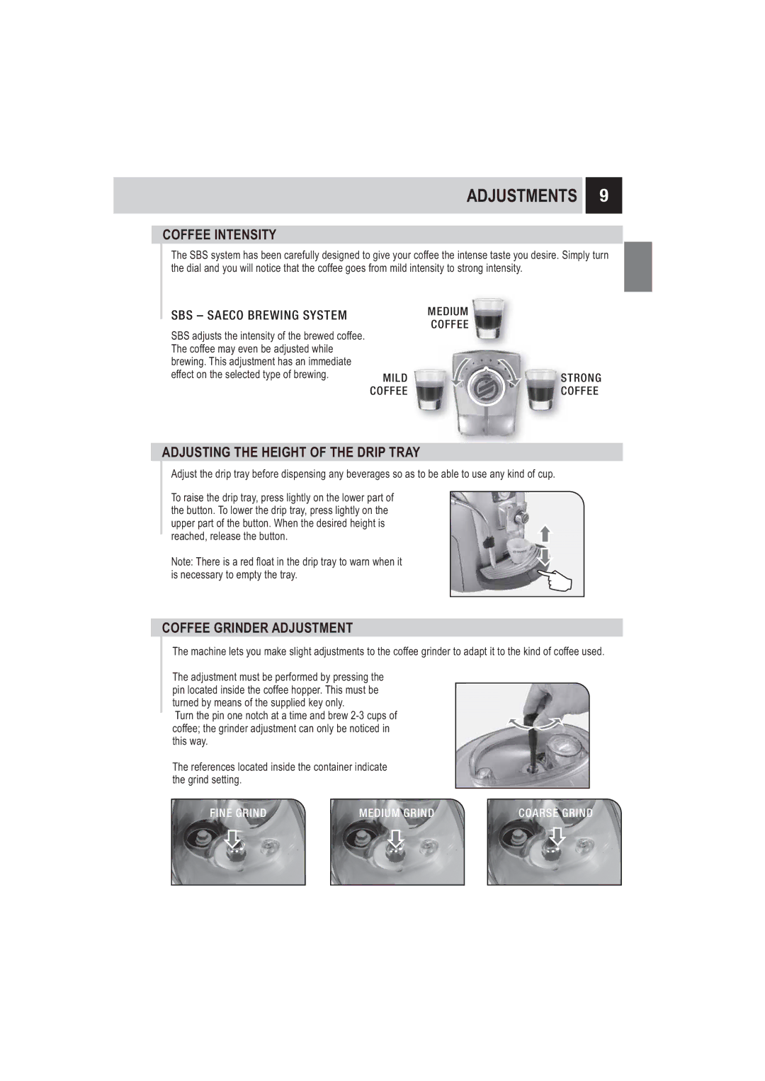 Saeco Coffee Makers SUP032BR manual Adjustments, Coffee Intensity, Adjusting the Height of the Drip Tray 