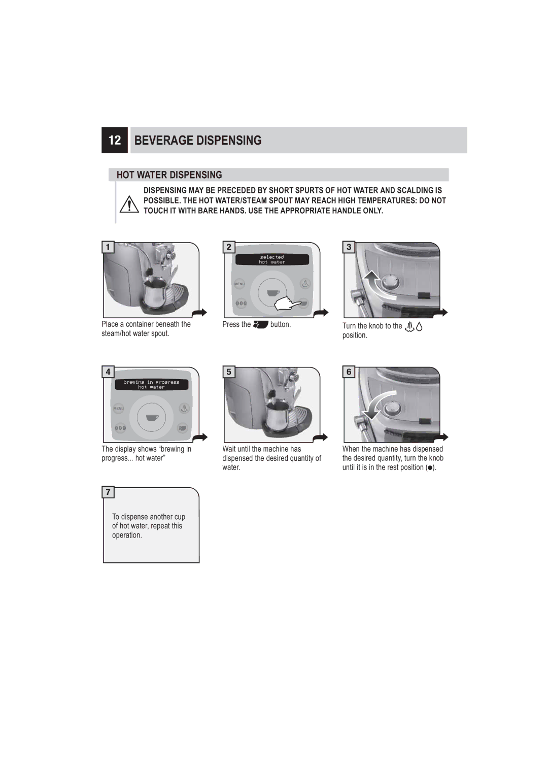 Saeco Coffee Makers SUP032BR manual HOT Water Dispensing 