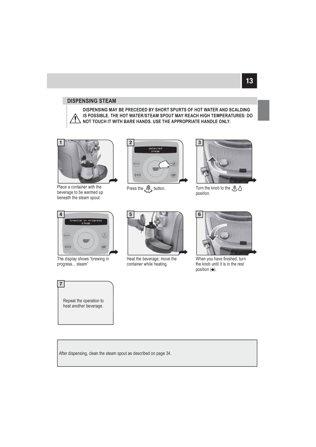 Saeco Coffee Makers SUP032BR manual Dispensing Steam 