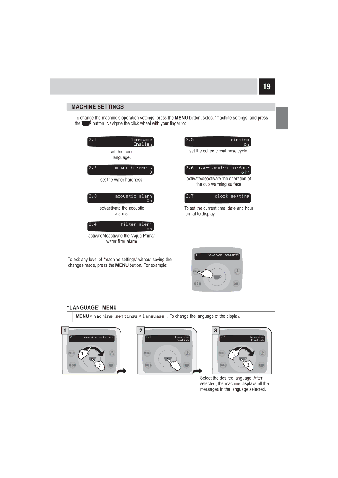 Saeco Coffee Makers SUP032BR manual Machine Settings, Language Menu, Zdwhu¿OwhuDodup 