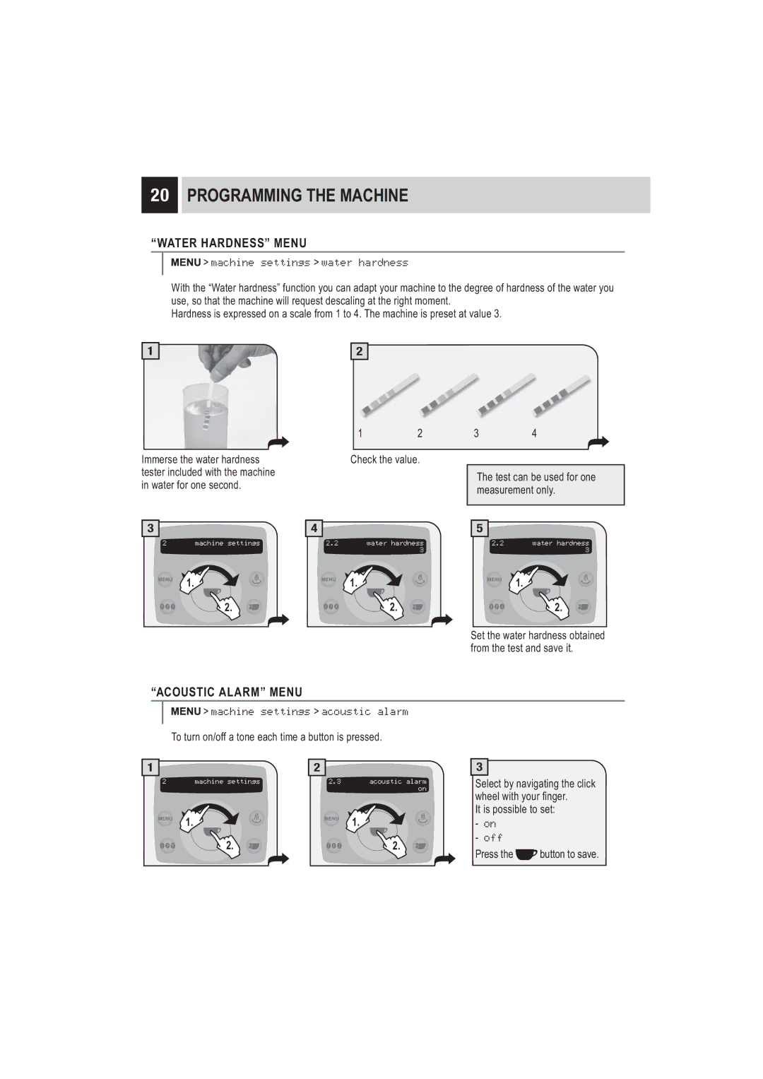 Saeco Coffee Makers SUP032BR manual Water Hardness Menu, Acoustic Alarm Menu, Machine settings water hardness, Off 